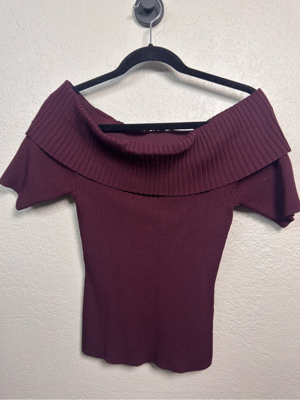 Women’s Off-the-Shoulder Ribbed Sweater Top - Wine - Picture 2 of 6